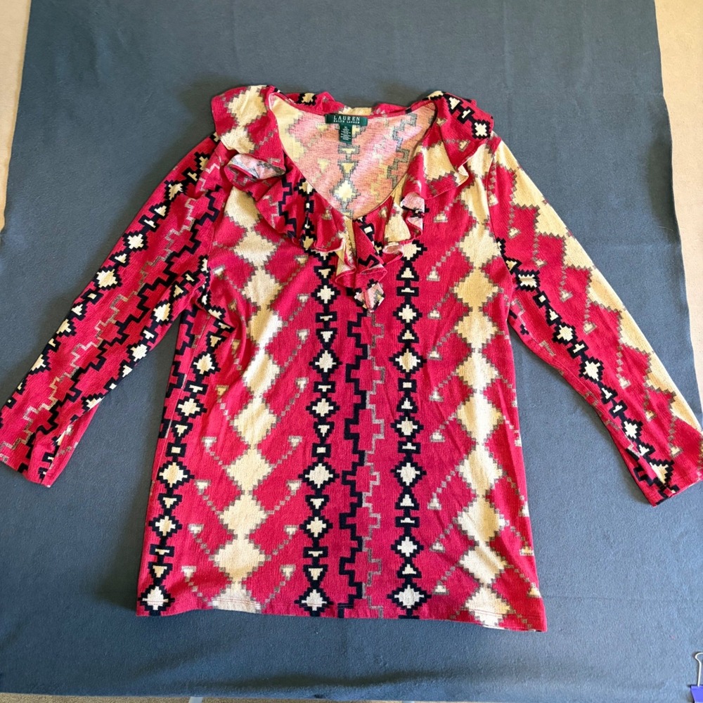 Lauren Ralph Lauren Geometric Top Womens XL Red Ruffle West Core Boho Cowgirl